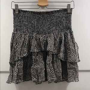 Ramy Brook Printed Daria Black & White Leopard-Spot Smocked Ruffle Mini Skirt